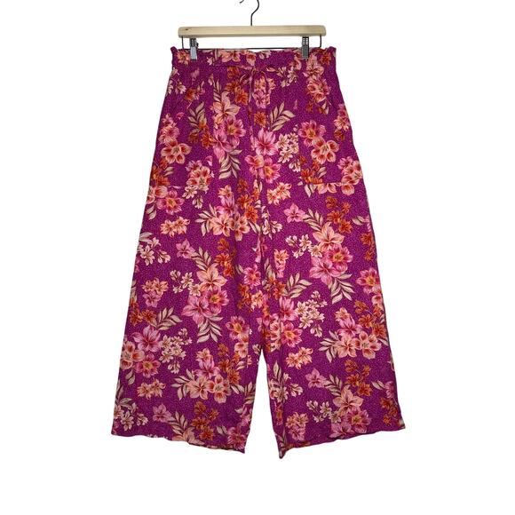 Loft Linen Breezy Wide Leg Pants Pink Floral Pockets Sz M Beach Vacation Casual - Picture 2 of 13